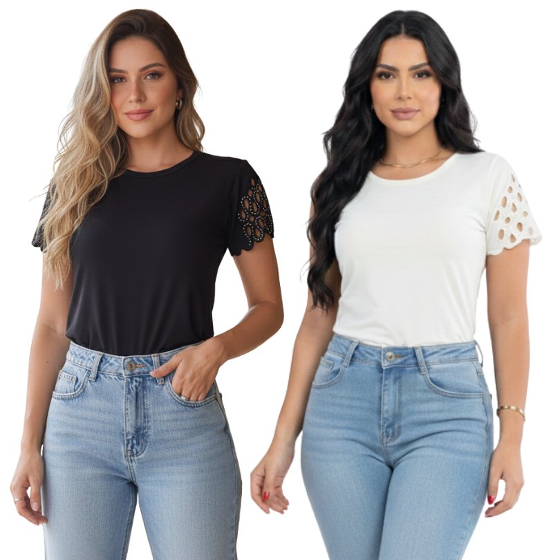 Blusa Feminina Manga Vazada com Aplicações em Pérolas e Corte Laser Moderno