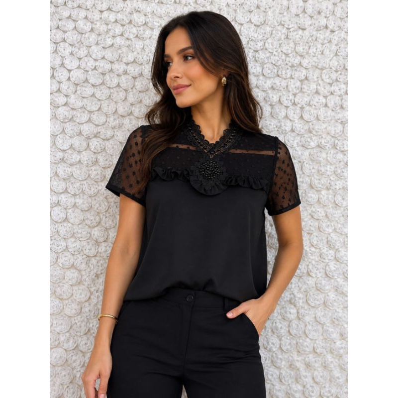 Blusa Feminina Preta Elegante Tule Rendado Detalhes em Pérolas Tam M