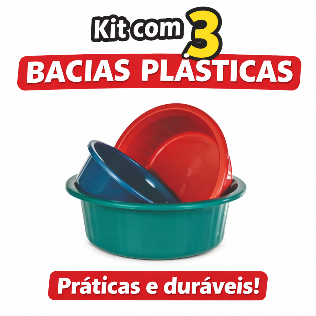 Kit 3 Bacias Plásticas Redondas 750ml 1,25L 2,5L Resistente Cores Sortidas Cozinha Lavagem Alimentos