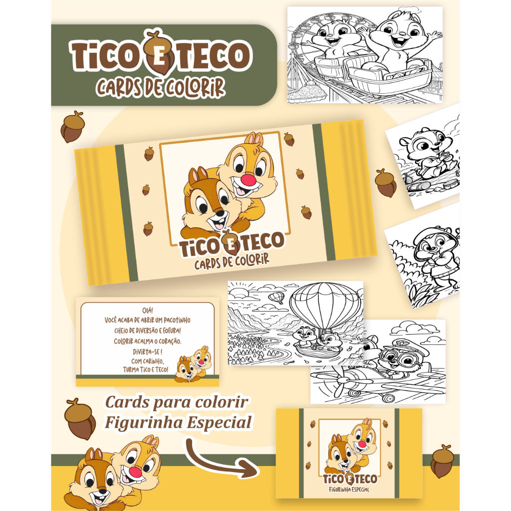 Cards TICO E TECO para Colorir + Card Holográfico Colecionável | Presente Criativo | DIY Arte