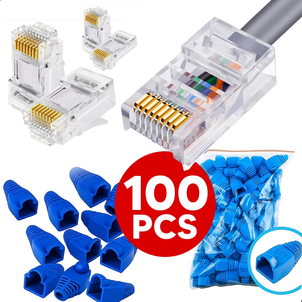 Conector Rj45 Cat5e Banho De Ouro Cabo Rede Plug kit 10 20 50 100 pçs + Capa Silicone