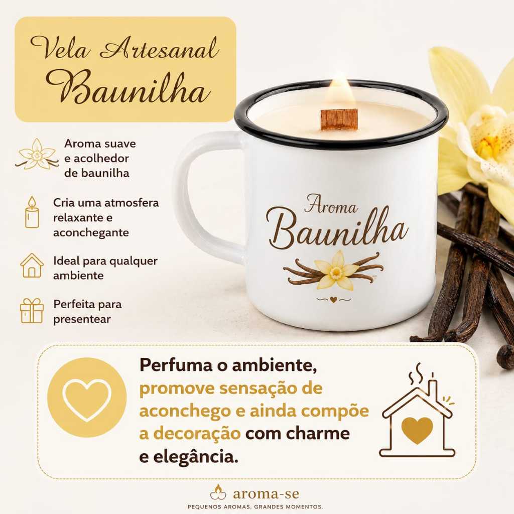 Vela Aromática Artesanal em Caneca Esmaltada Cera de Coco Pavio de Madeira Fragrâncias Premium Presente e Decoração