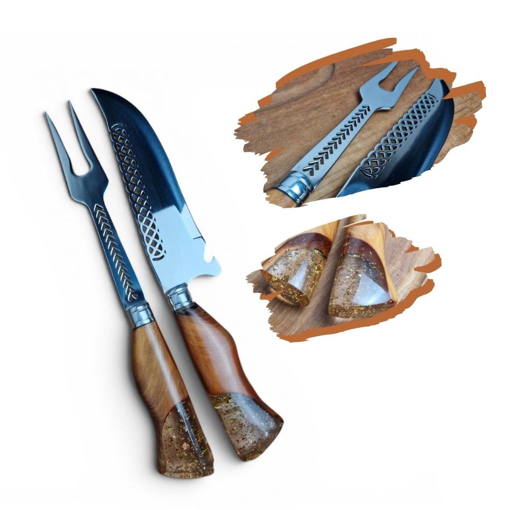 Kit Churrasco Garfo e Faca Picanheira Artesanal 100% Aço Inox 8 Polegadas Bainha de Couro Premium