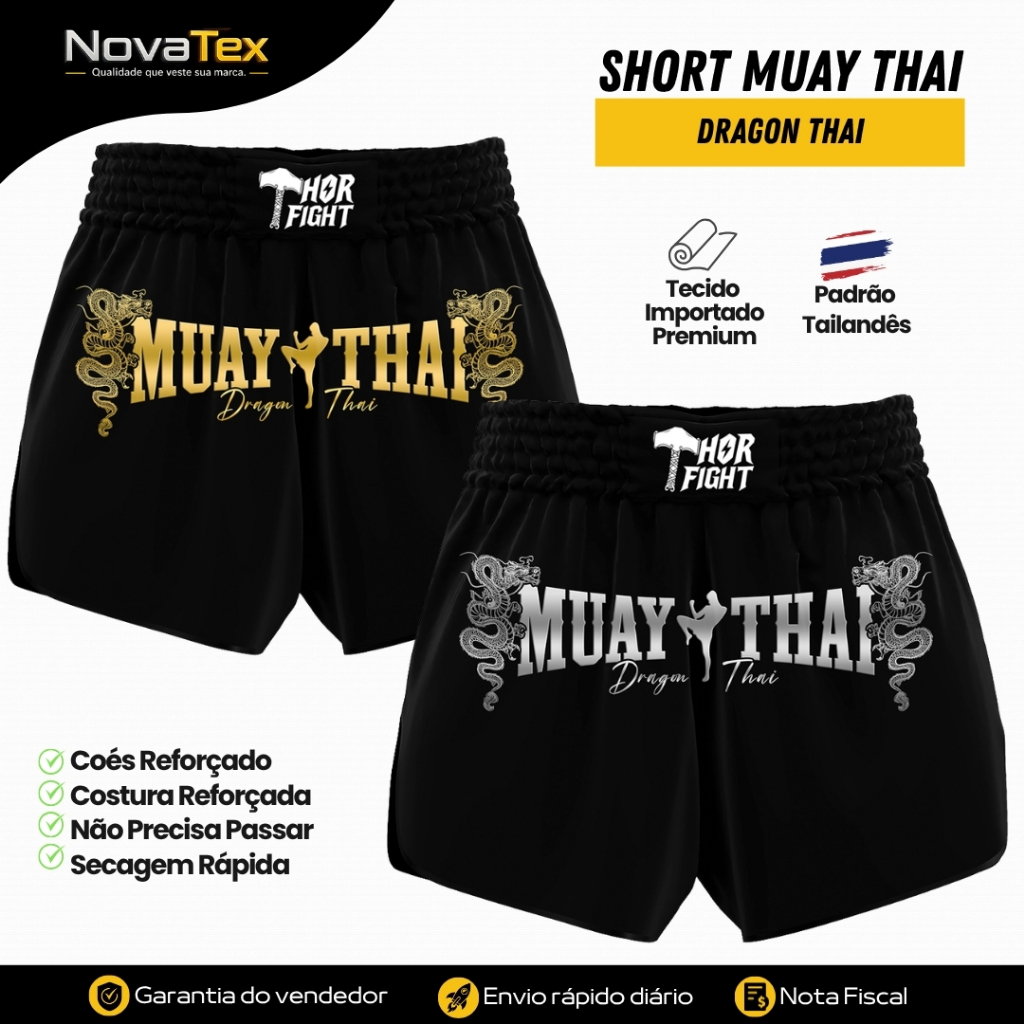 Short Muay Thai Dragon Thai Dourado e Prata Unissex Básico Produto Premium Envio Rápido