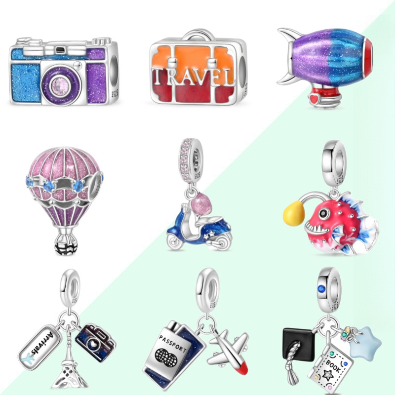 Novo produto charme S925 prata avião bagagem câmera adequada para 3mm pulseira DIY jóias fazendo