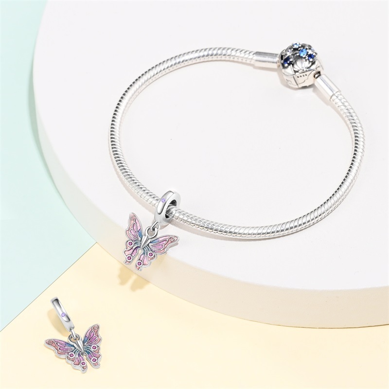 Novo produto jóias charme 925 prata borboleta pingente senhoras moda DIY pulseira frisado presente de aniversário