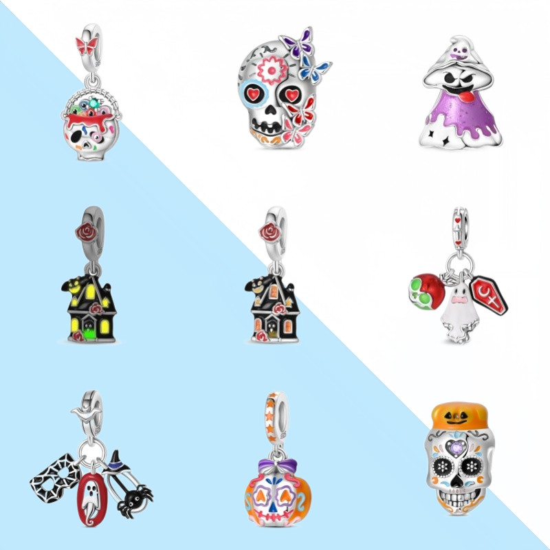 Novo produto S925 prata charme série halloween cesta de doces de halloween pingente morcego casa assombrada pingente