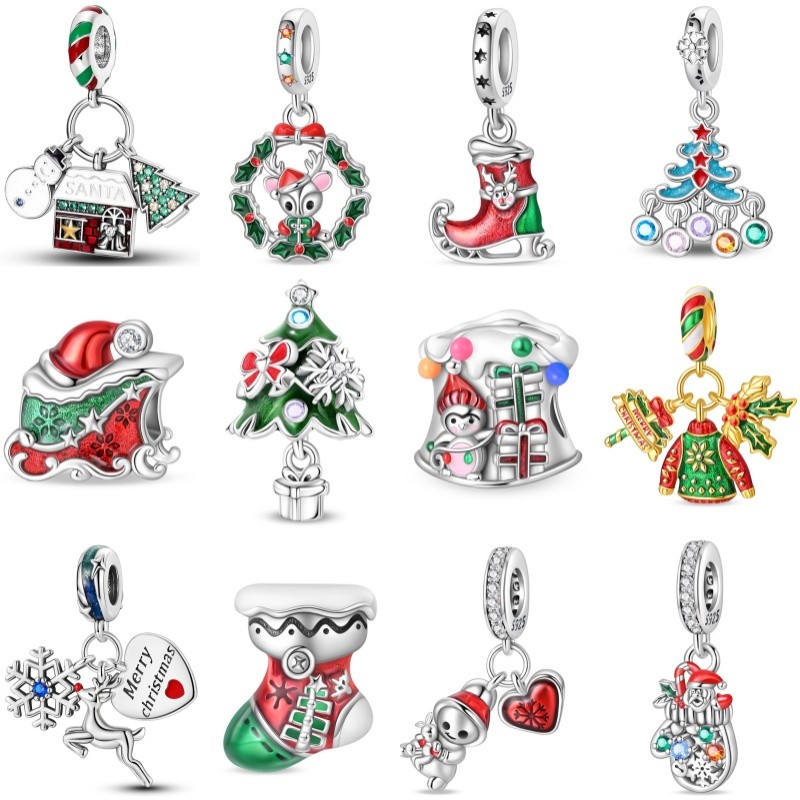 Novo produto charme de natal S925 pulseira de prata esterlina DIY pingente festa de natal conjunto de três peças pingent