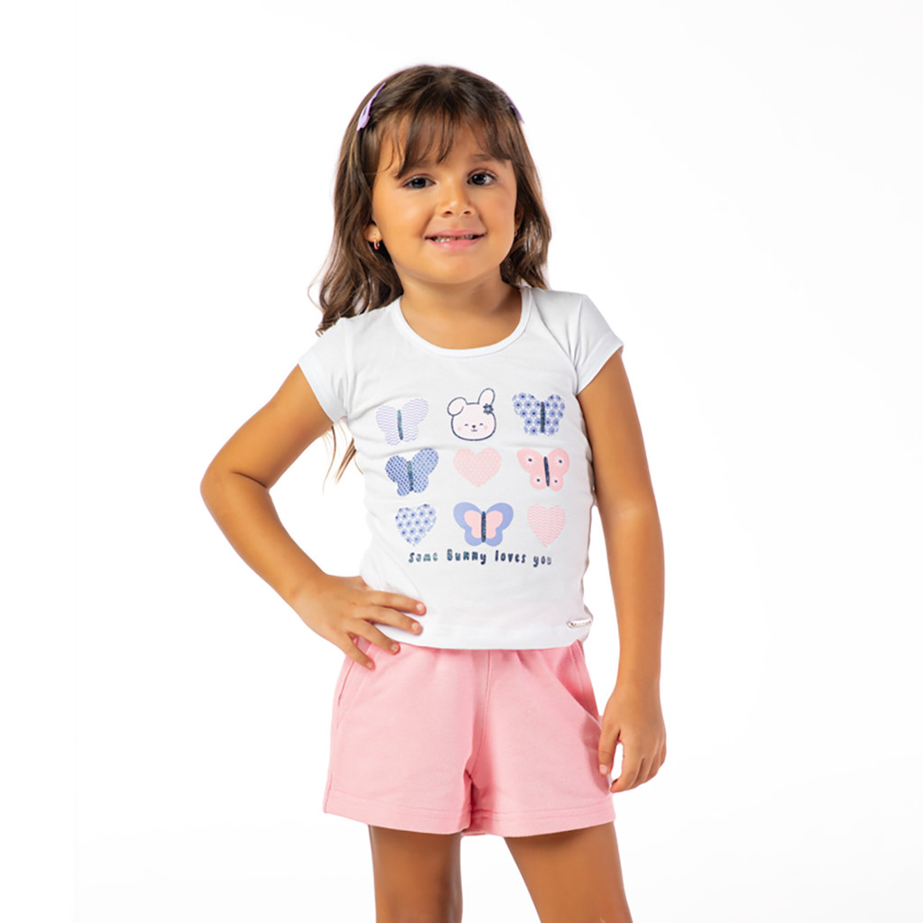 Conjunto Meninas Blusa Branca Bunny Borboletas e Short Rosa Vrasalon