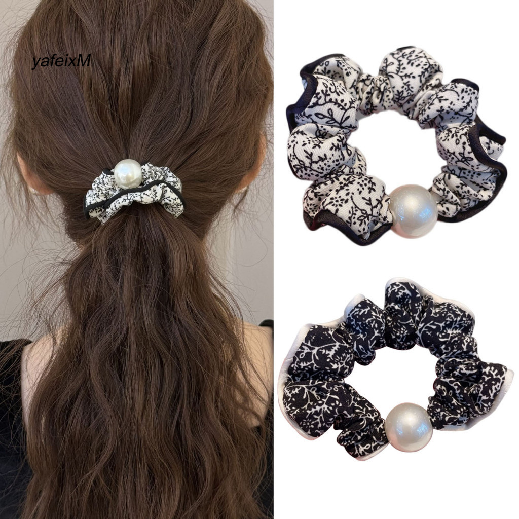 Non-stretch Hair Rope 2 Pcs High Elasticity Non-slip Soft Chiffon Ties with Imitation Pearl Floral Print Stylish Bun Hal