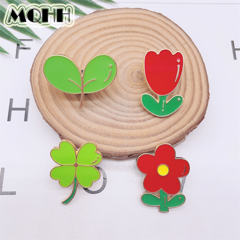 Planta criativa pequena flor vermelha folha verde broche quatro folhas trevo flor inspirador liga crachá pino mochila lá