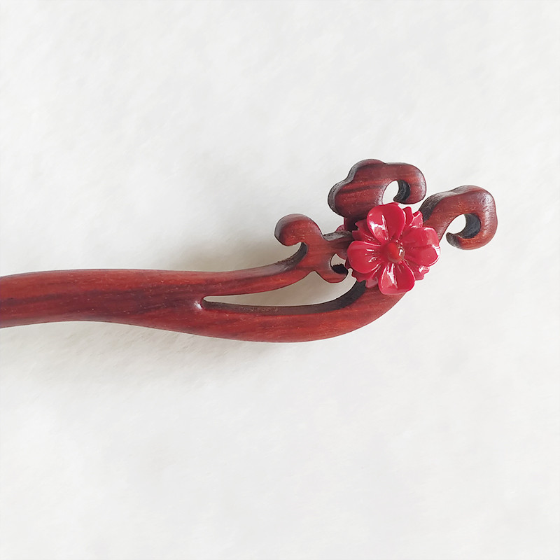 Original estilo chinês dupla face flor vermelha completa pequena folha vermelho sândalo hairpin diário simples hairpin H