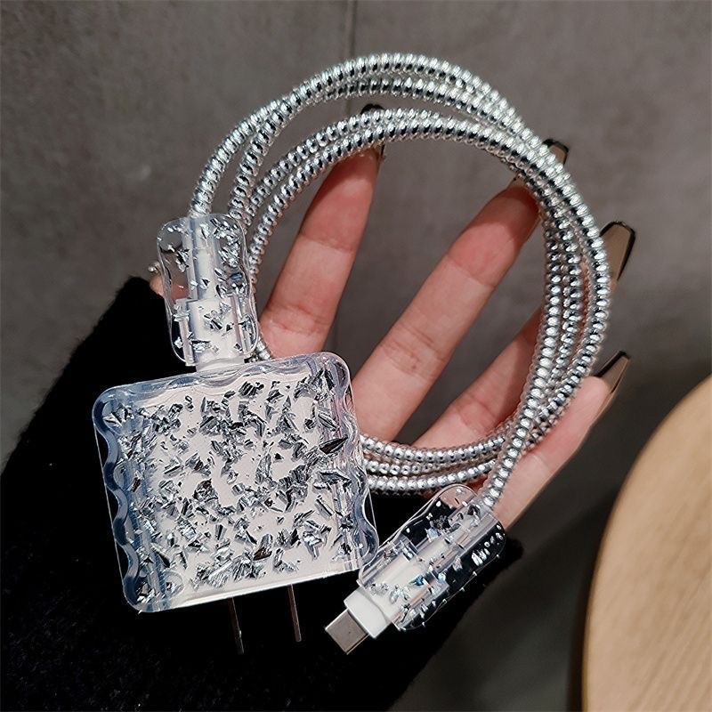 Bonito Glitter 3D Love Heart Wave Border Capa Protetora Do Cabo USB Para iPhone 18W/20W Linha De Dados De Mordida Cabeçote De Carregamento Rápido