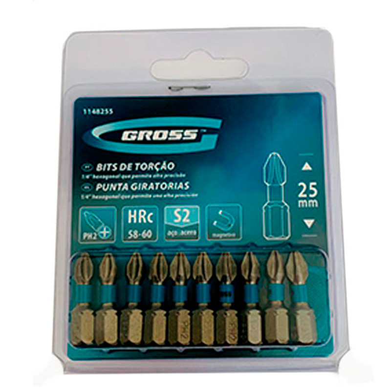 Pacote C/ 10 Pecas Bits Phillips de Torcao 25mm PH2 Curto Gross - 1148255