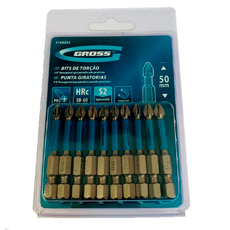 Pacote C/ 10 Pecas Bits Phillips de Torcao 50mm PH2 Curto Gross - 1149355