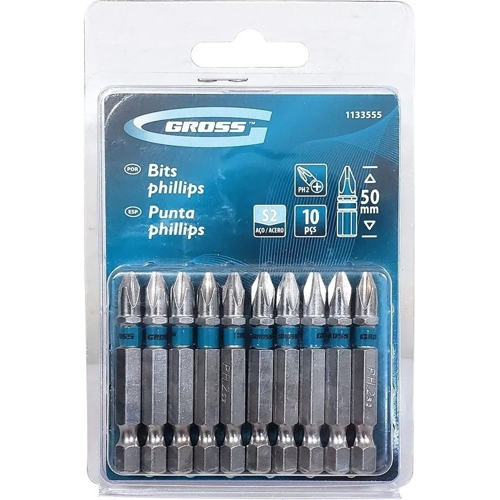 Pacote C 10 Pecas Bits Phillips 50mm PH2 Curto Gross - 1133555