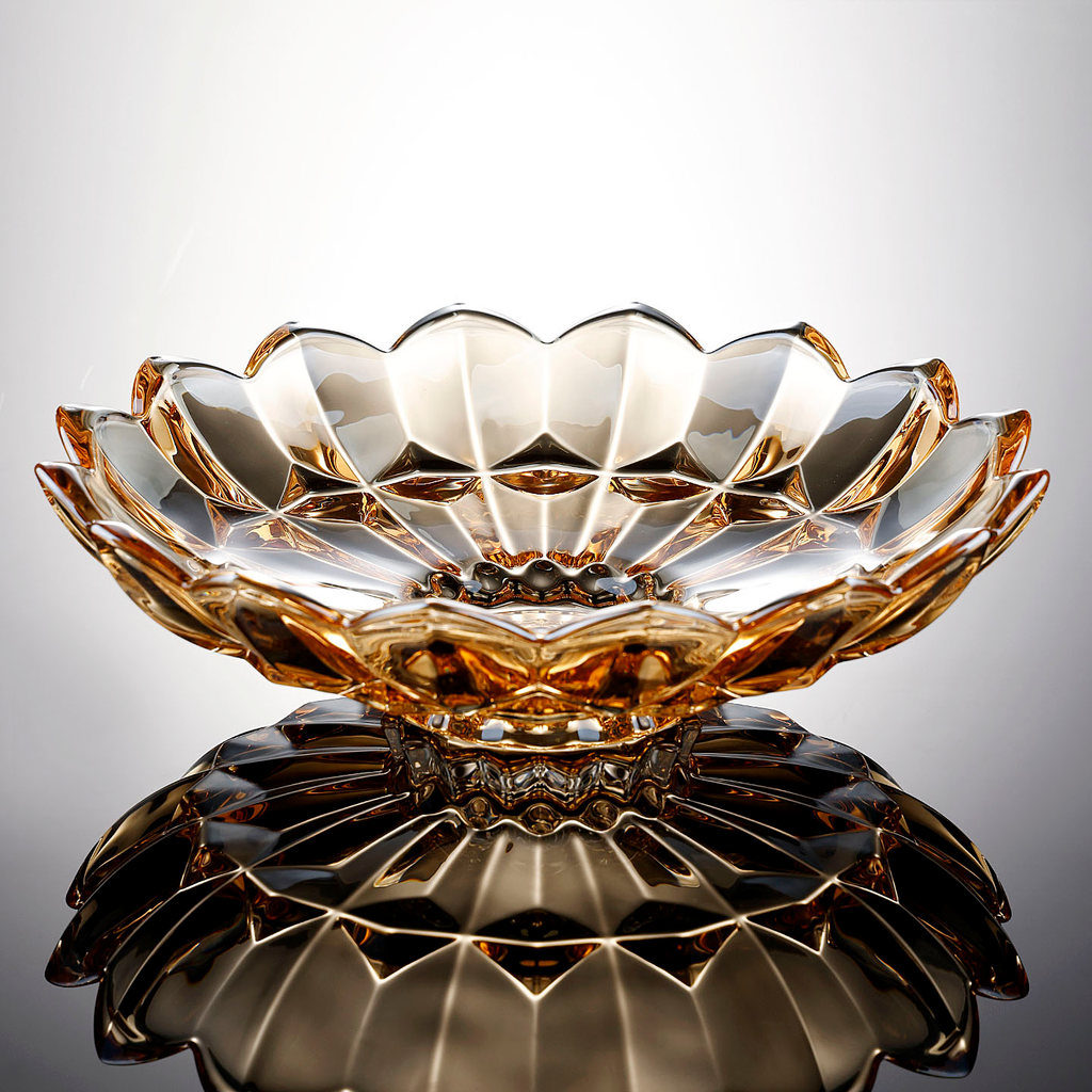 Estilo europeu de vidro cristal placa frutas luz luxo âmbar forma lótus casa sala estar frutas secas placa frutas decora