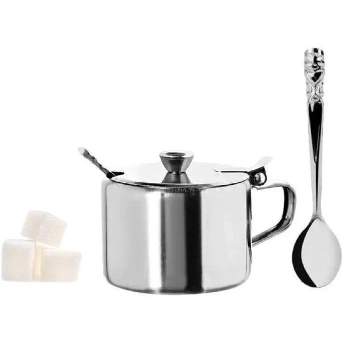 Açucareiro Com Colher Aço Inox de Mesa Compacto Mini Açucareiro