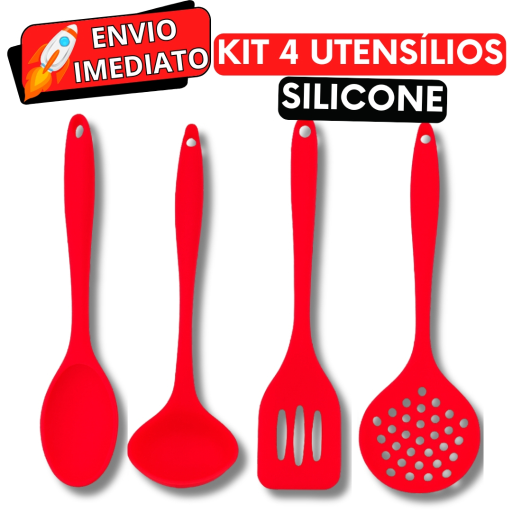 KIT Jogo 4 Utensílios de Cozinha Silicone Super Resistente Colher Espátula Concha Escumadeira Não Risca a Panela MINI