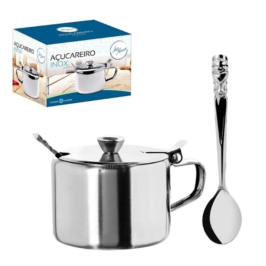 Açucareiro Com Colher Aço Inox de Mesa Compacto Mini Açucareiro