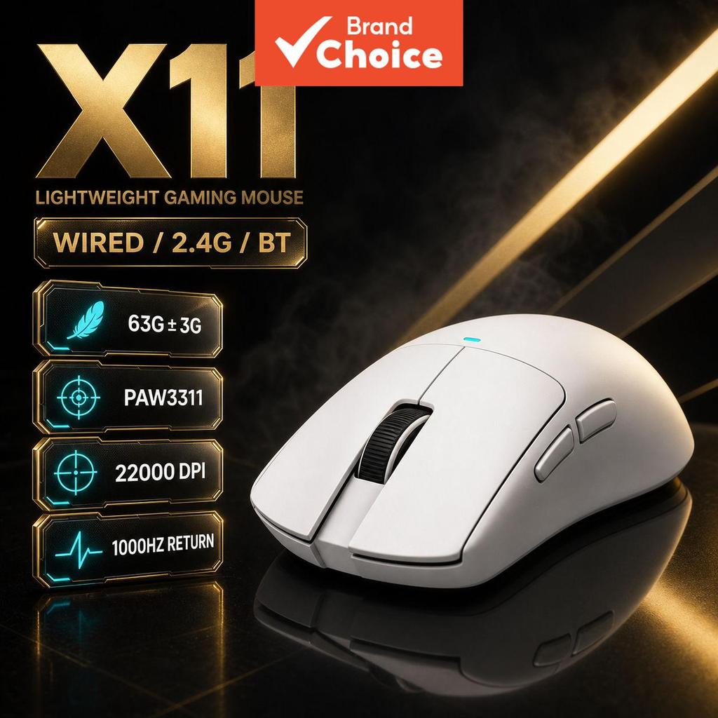 Mouse Gamer Sem Fio Attack Shark X11 3 modos de conexão, sensor óptico PixArt PAW3311, até 22.000 DPI, taxa de sondagem