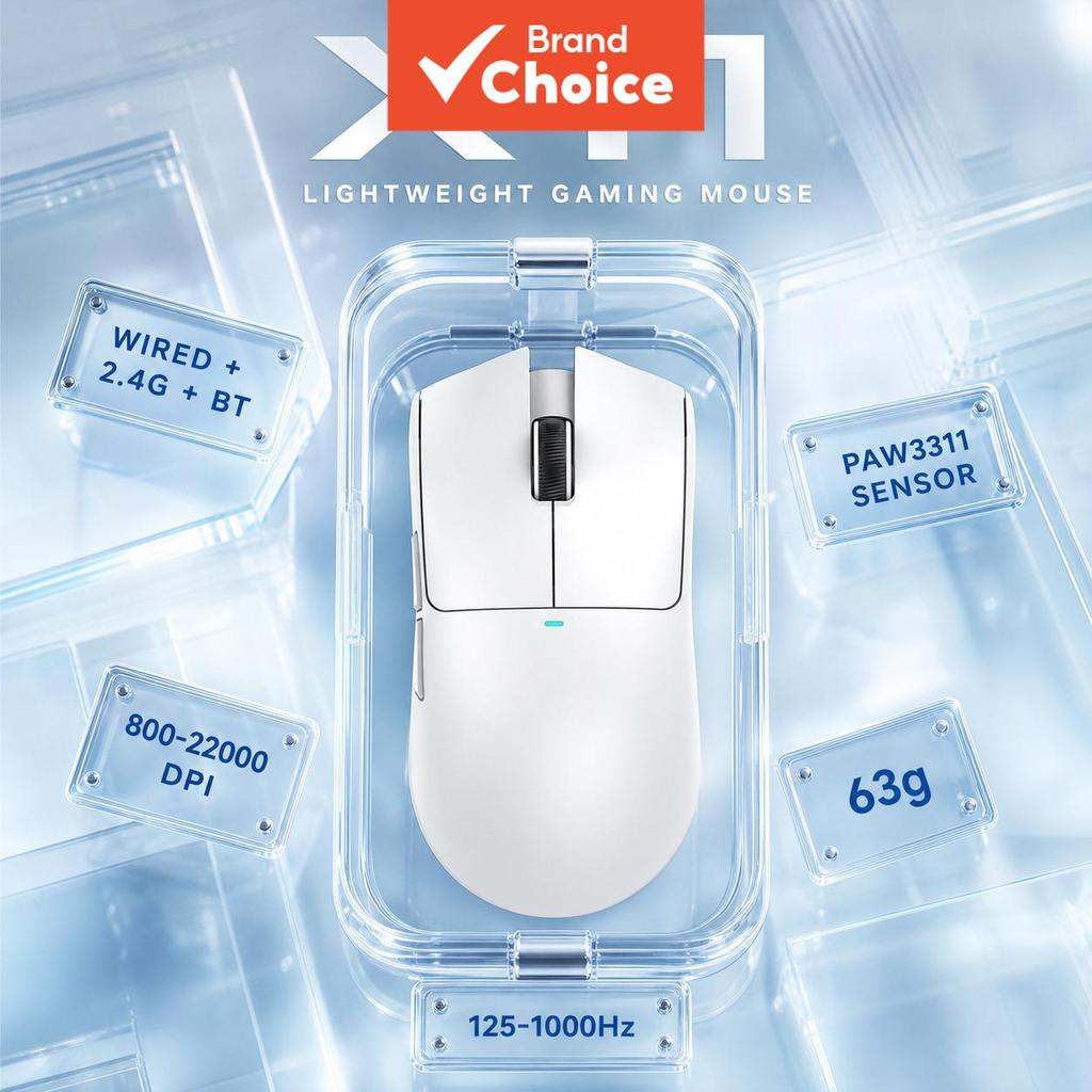 Mouse Gamer Attack Shark X11 Tri-Modo com Fio 2.4G Bluetooth, Sensor PixArt PAW3311, 800-22000DPI, 400IPS, Aceleração