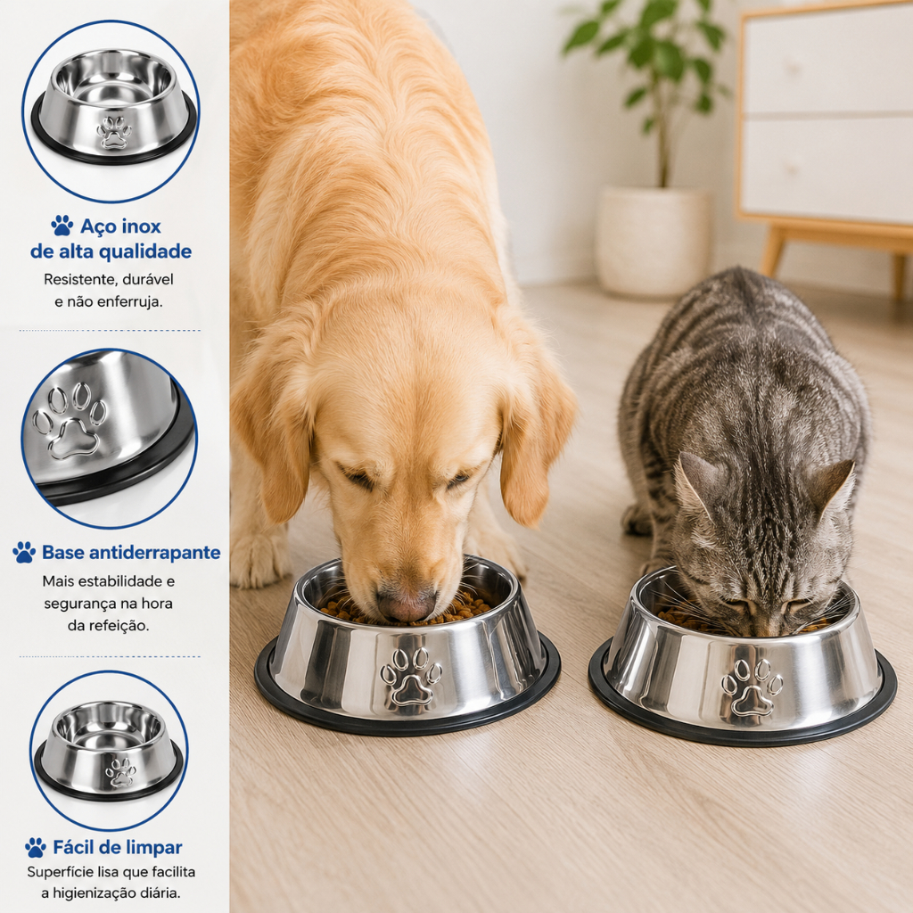 Comedouro Antiderrapante Inox Durável Grande Capacidade 30cm Cães Gatos Resistente