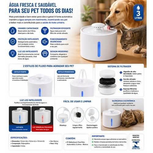Bebedouro Automático 3 Litros Capacidade Alta Pets Água Fresca Contínua Design Moderno Branco Fácil Limpeza