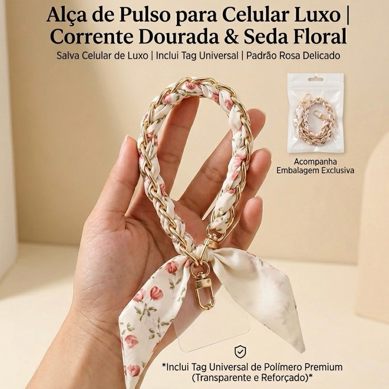 Alça de Pulso para Celular Luxo Trançada com Corrente Dourada | Salva Celular com Tag Universal
