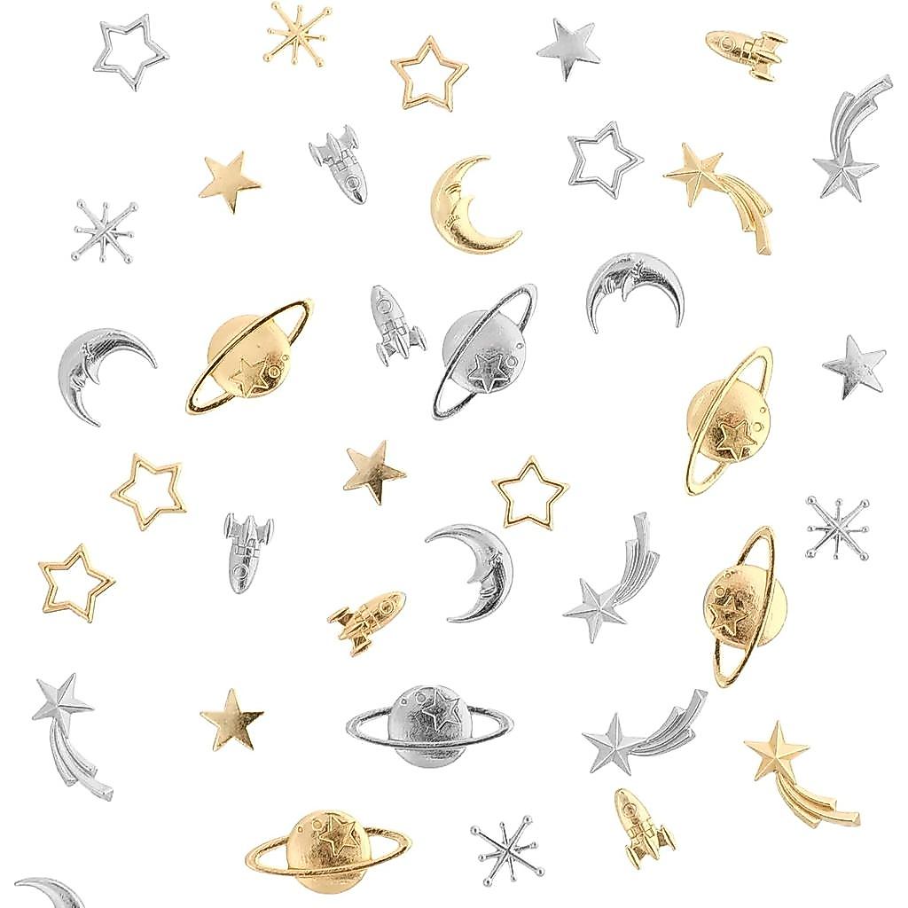 42 PCS Cosmos Themed Resin Fillers 7 Shapes Gold Zinc Alloy Star Moon Planet Spaceship Filling Accessories, Planet Charm