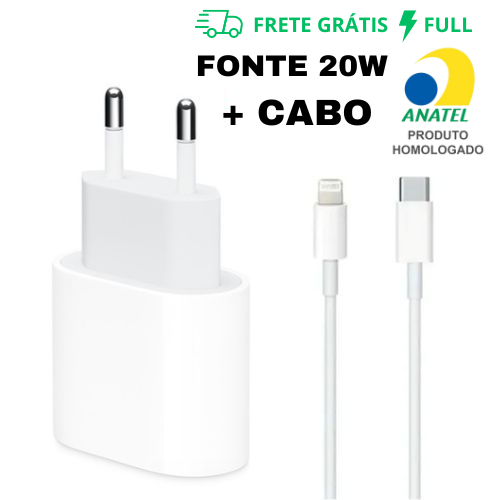 FONTE TURBO DE CARREGAMENTO RÁPIDO 20W USB-C + CABO USB-C LIGHTNING DE 1 OU 2 METROS