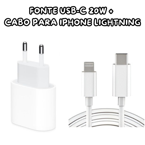 CARREGADOR FONTE USB-C 20W + CABO USB-C COMPATÍVEL COM IOS IPHONE DE 1 OU 2 METROS