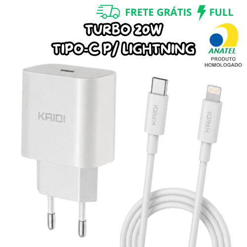 CARREGADOR TURBO FONTE TIPO-C + CABO TIPO-C PARA LIGHTNING 1 METRO PD 20W KD-108A