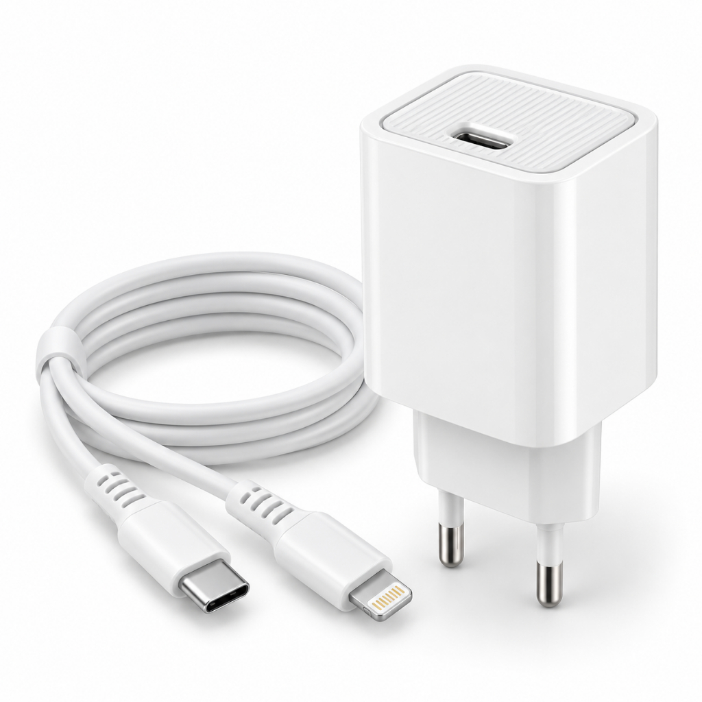 Kit Carregador Rápido 20W USB-C com Cabo Lightning 1 Metro Fonte de Tomada para Celular Kit Completo