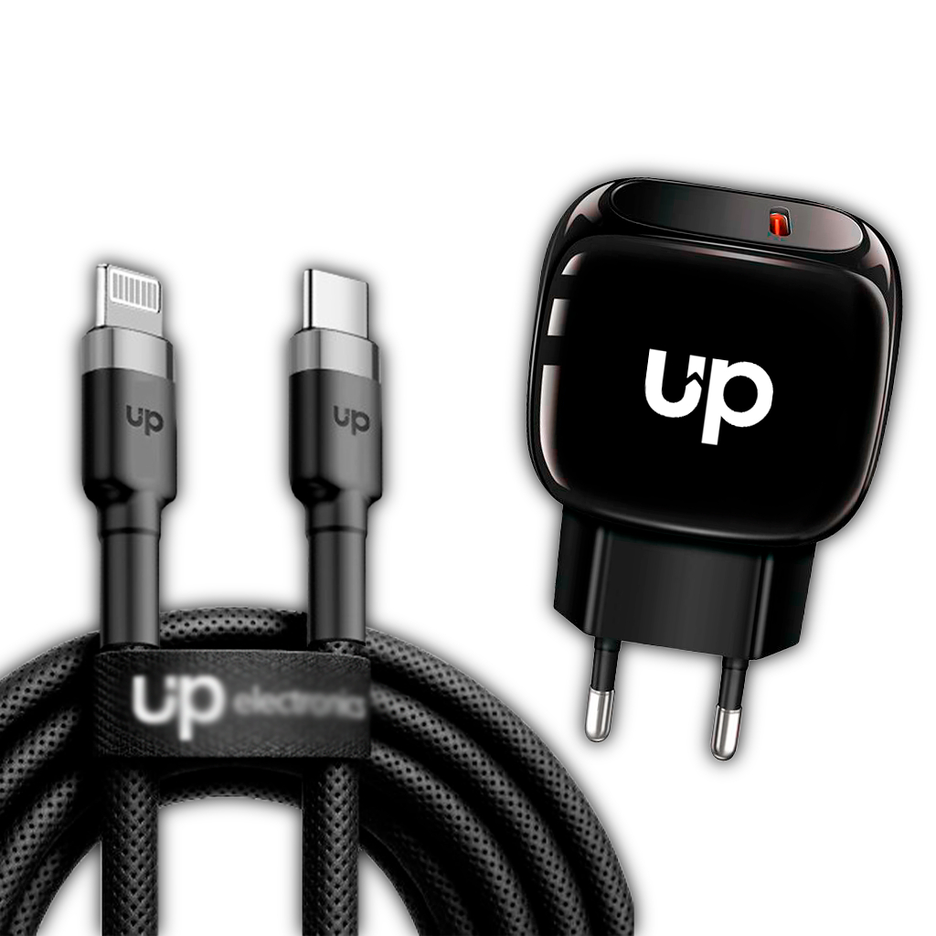 Kit Cabo Lightning / USB-C 2 metros + Carregador USB-C 20W - UP Electronics – Carregamento Rápido