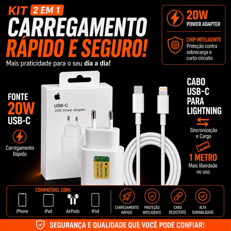 kit Carregador - Fonte 20w + Cabo USB-C Lightning 1 Metro