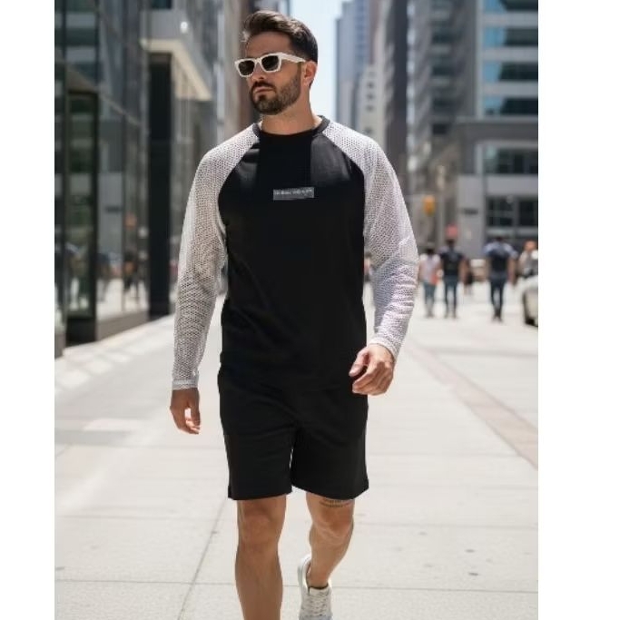 Blusa masculina sport em camurça e tela arrastão