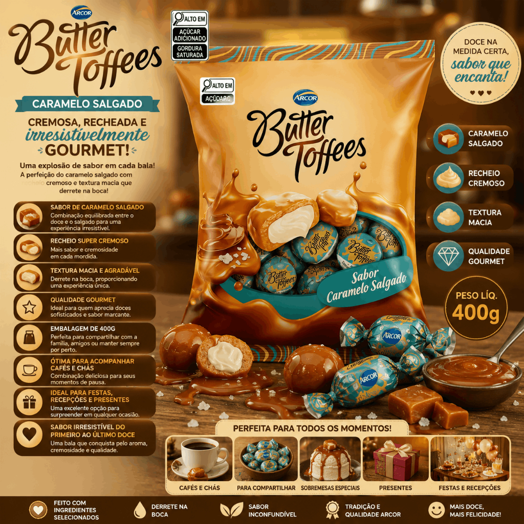 Bala Butter Toffee Caramelo Salgado 400g Cremosa Recheada Sabor Gourmet Deliciosa Macia