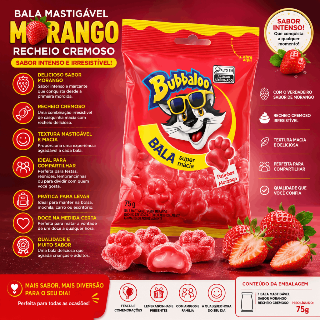 Bala Mastigável Morango Recheio Cremoso 75g Sabor Intenso Doce Macia Ideal Para Compartilhar