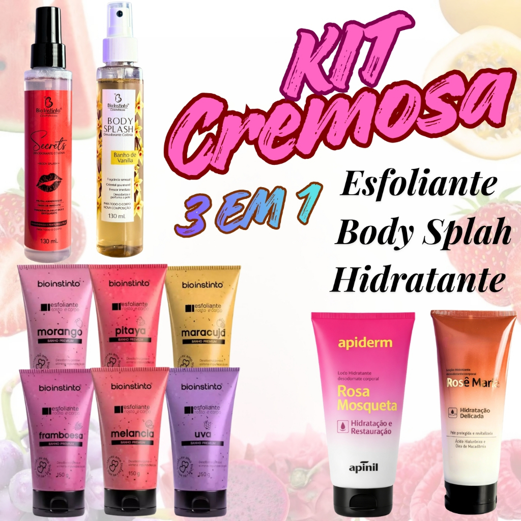 kit Cremosa 3 em 1 body splash esfoliante hidratante pele macia hidratada e perfumada