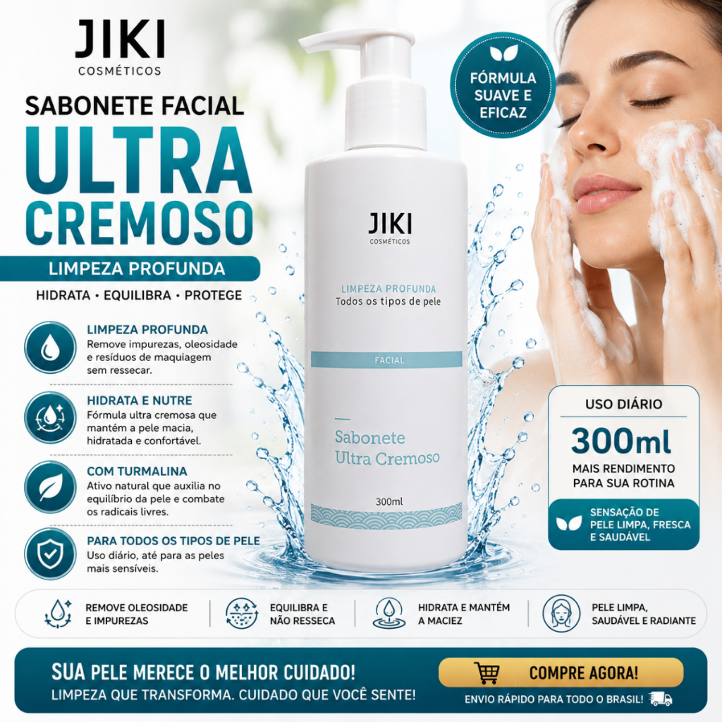 Sabonete Facial Ultra Cremoso Turmalina 300ml | Limpeza Profunda, Hidratação e Pele Macia