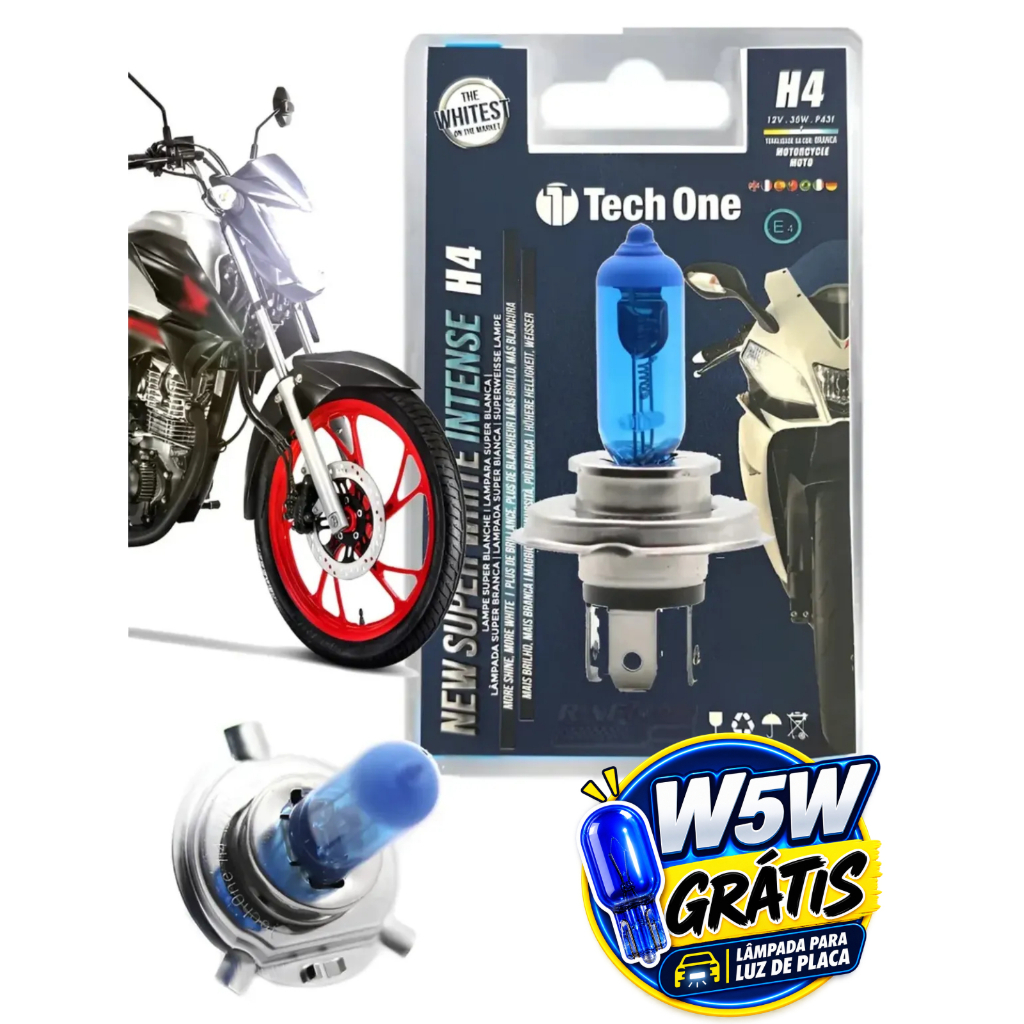 Lâmpada H4 Moto Super Branca 8500K 35/35W 12V Halógena + W5W Grátis + Luva para Instalação