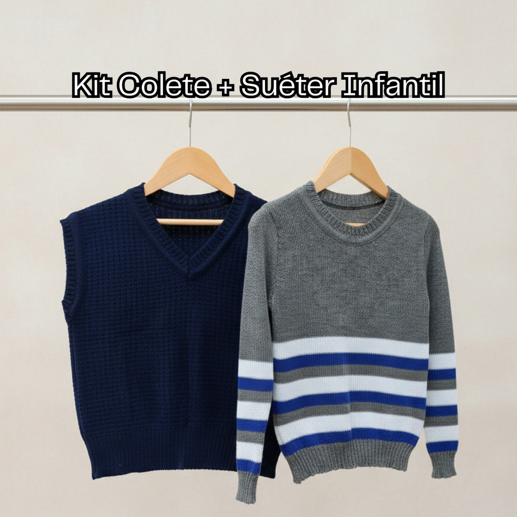 Kit Infantil 2 Peças em Tricot – 1 Colete + 1 Suéter – Tamanhos 1 ao 8 – Conjunto Quentinho Outono/Inverno
