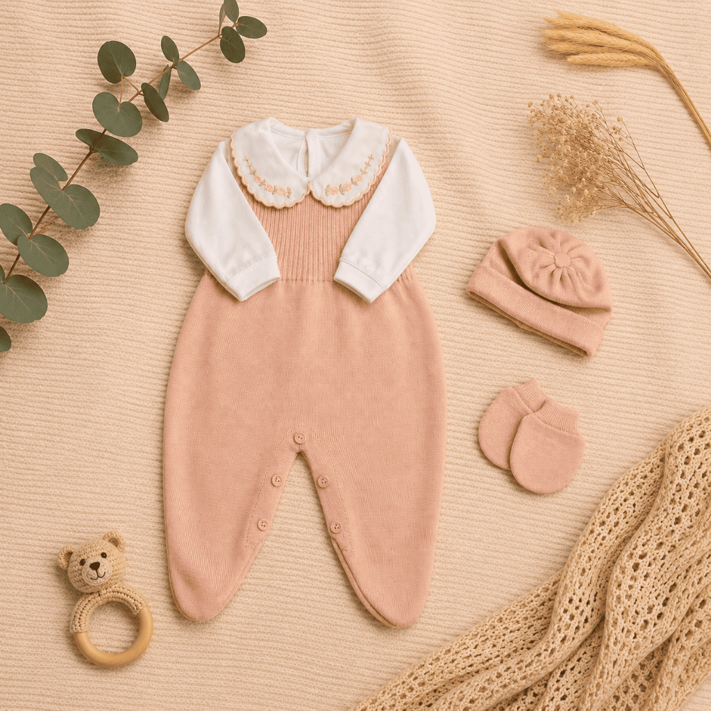 Saída Maternidade Menina Tricot Bebê Jardineira Body Touca Luva Conjunto Recém Nascido RN Presente