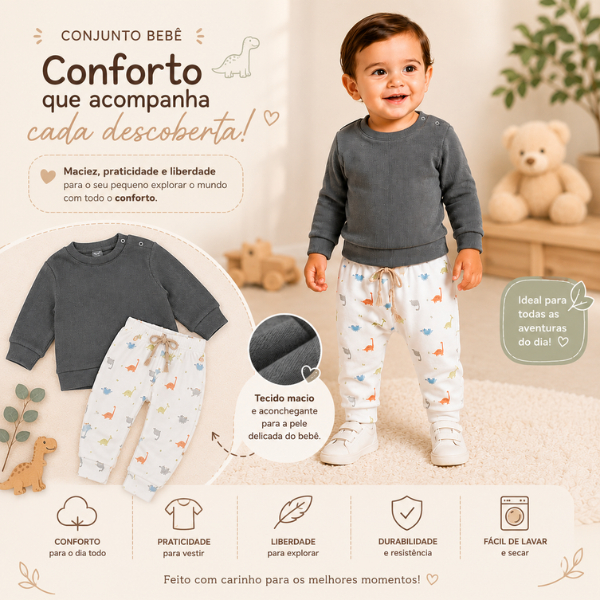 Conjunto Bebê Tricot Canelado com Calça Estampada Infantil Confortável Menino