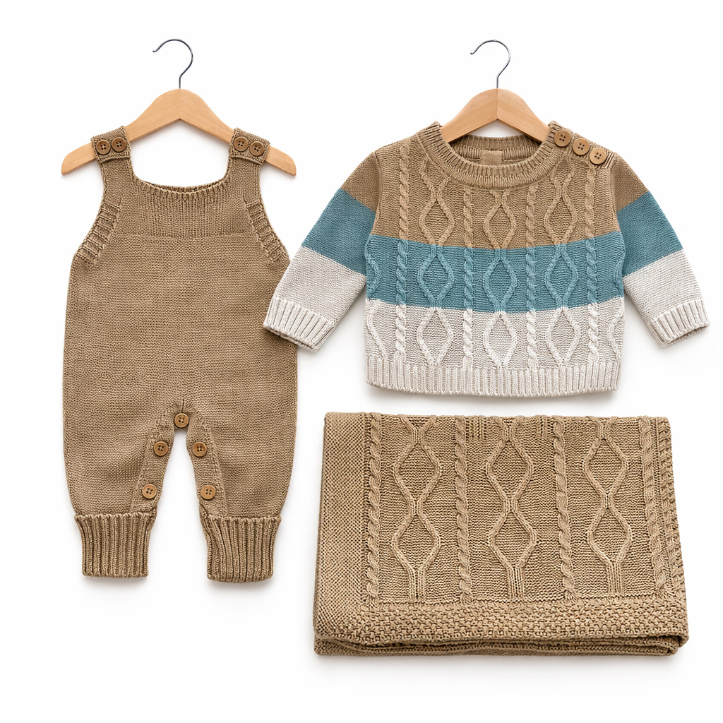 CONJUNTO BEBE MENINO EM TRICOT SAÍDA DE MATERNIDADE RN BLUSA, SALOPETE VIRA PÉ E MANTA