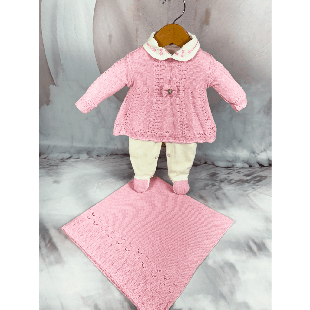 Kit Saida de Maternidade Menina Bebe Tricot Rosa Vestido