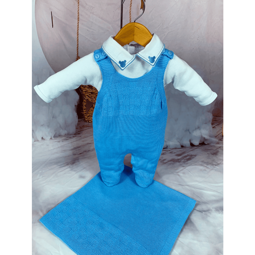 Kit Saida Maternidade Menino Bebe Tricot Azul Bebê Jardineira