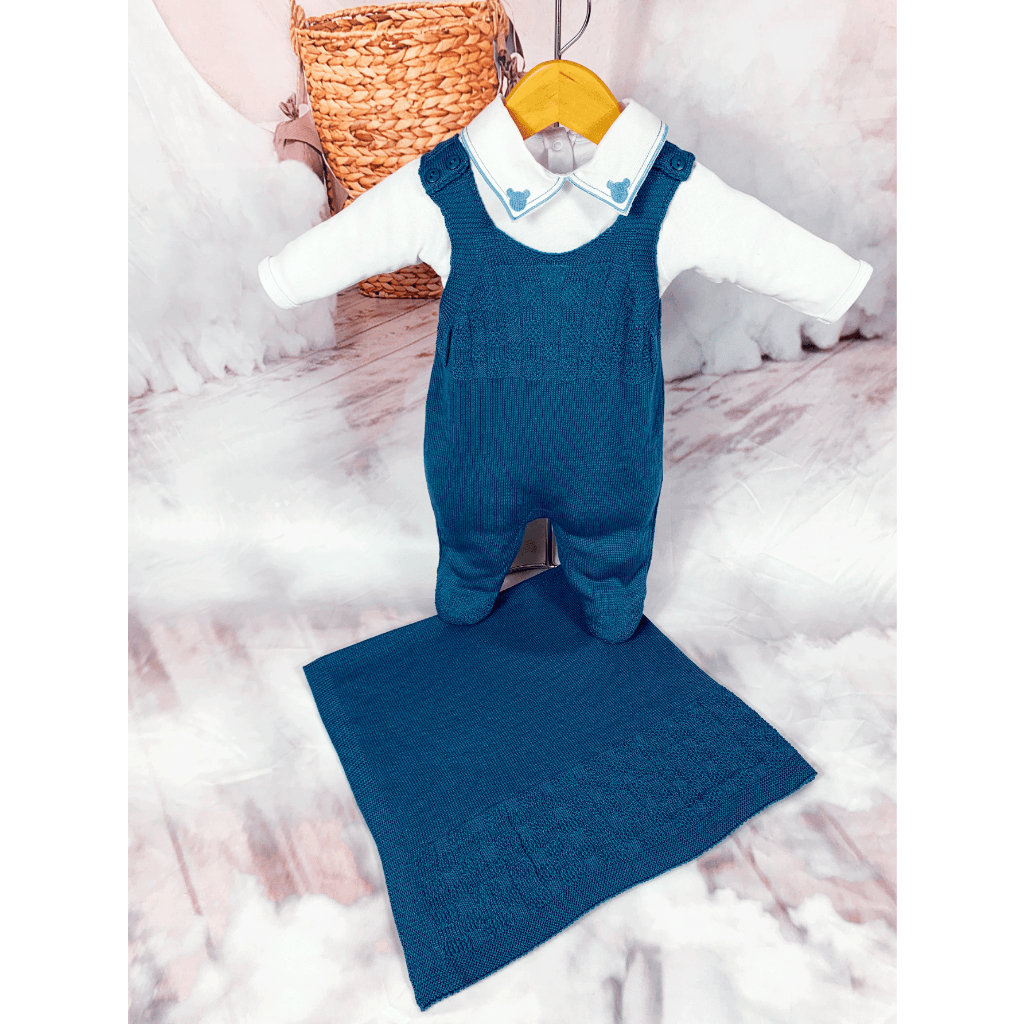Kit Saida Maternidade Menino Bebe Tricot Azul Petroleo Jardineira