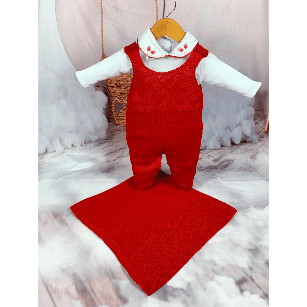 Kit Saida Maternidade Menina Bebe Tricot Vermelho Jardineira